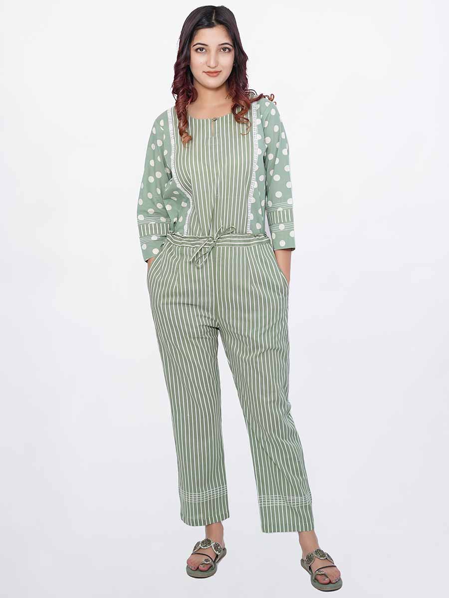 Green Striped Print Cotton Pant