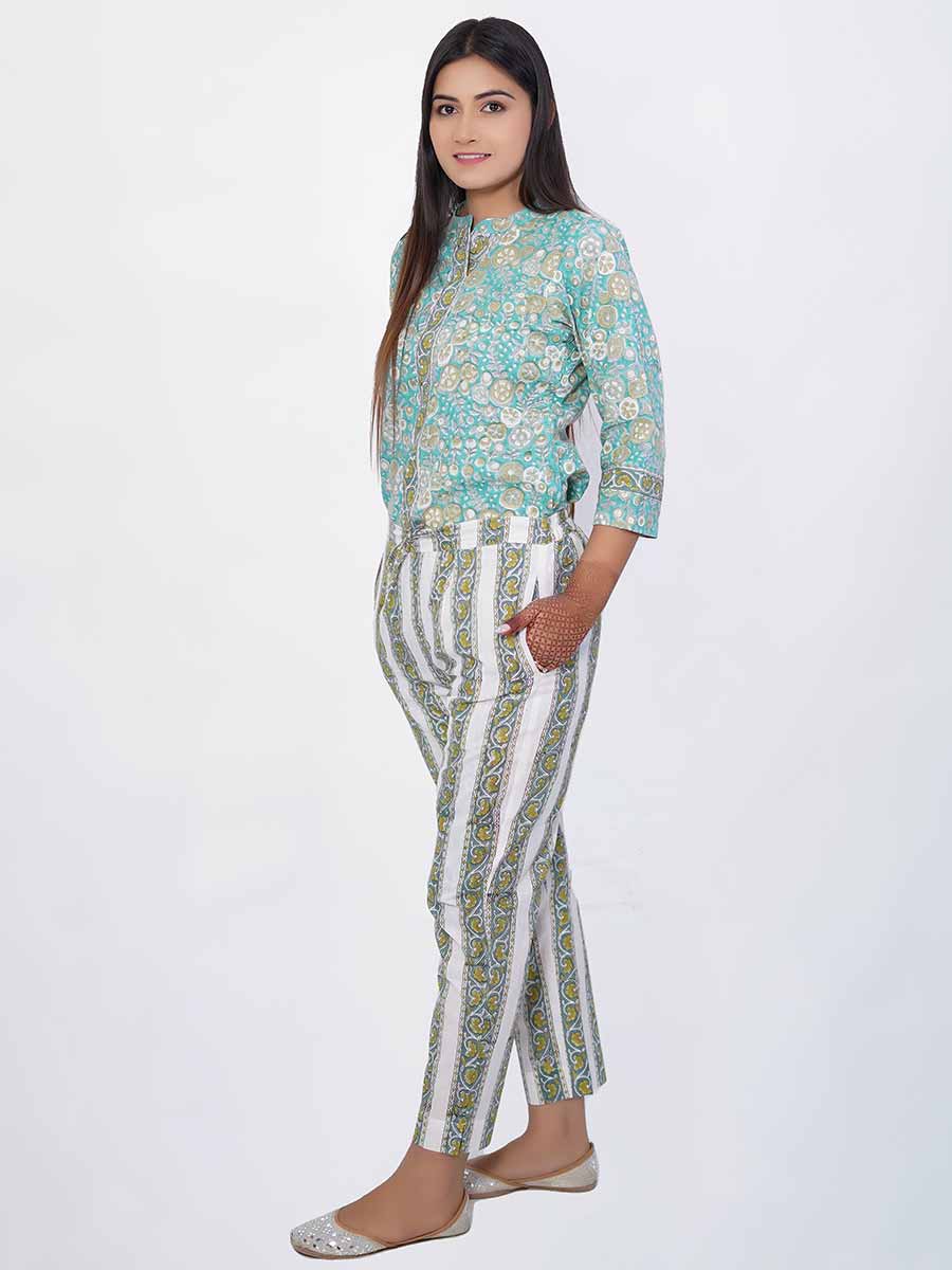Green Striped Print Cotton Pant