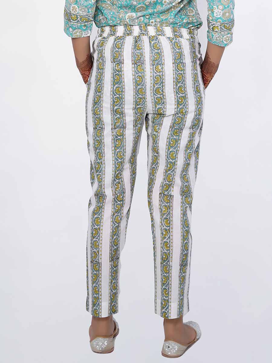 Green Striped Print Cotton Pant