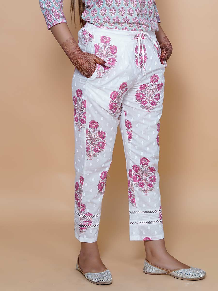White Dabu Print Cotton Pant