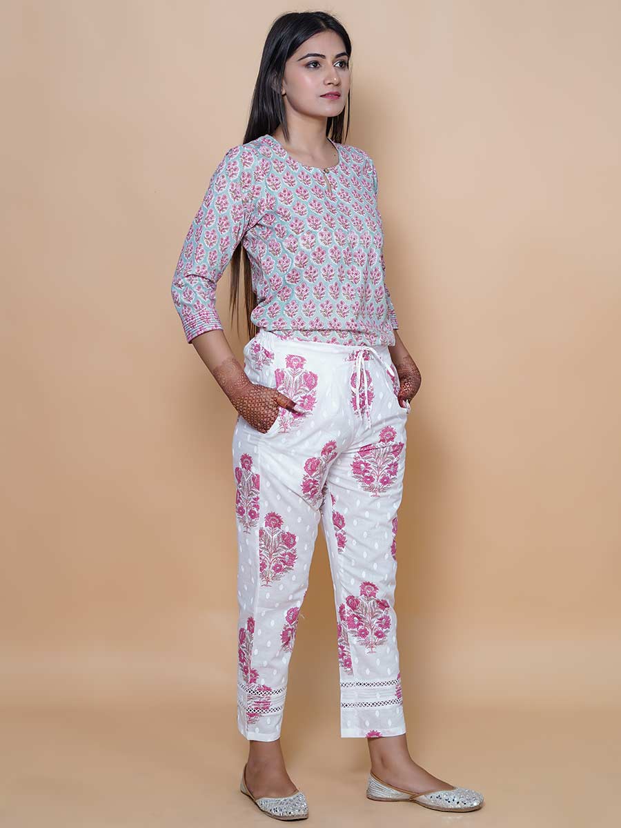 White Dabu Print Cotton Pant