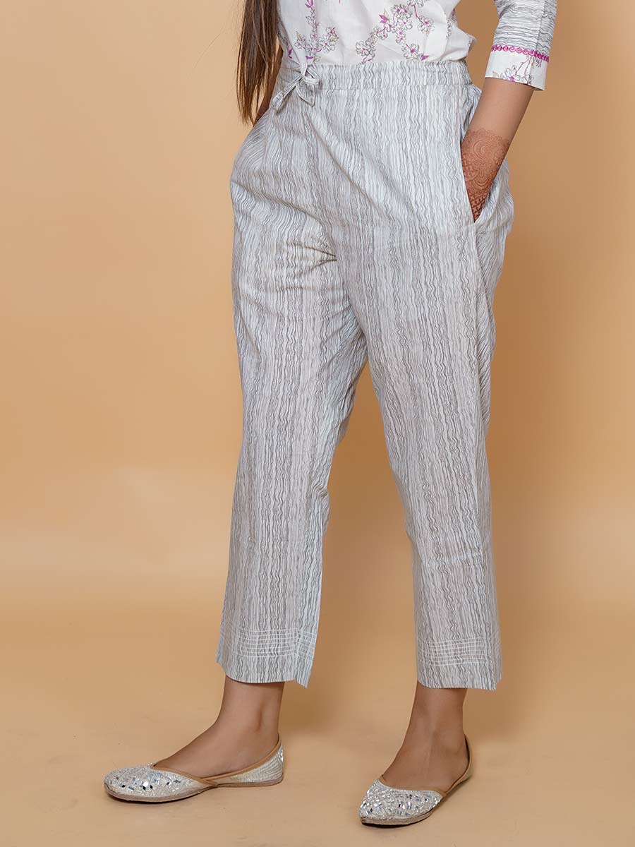 Grey Striped Print Cotton Pant