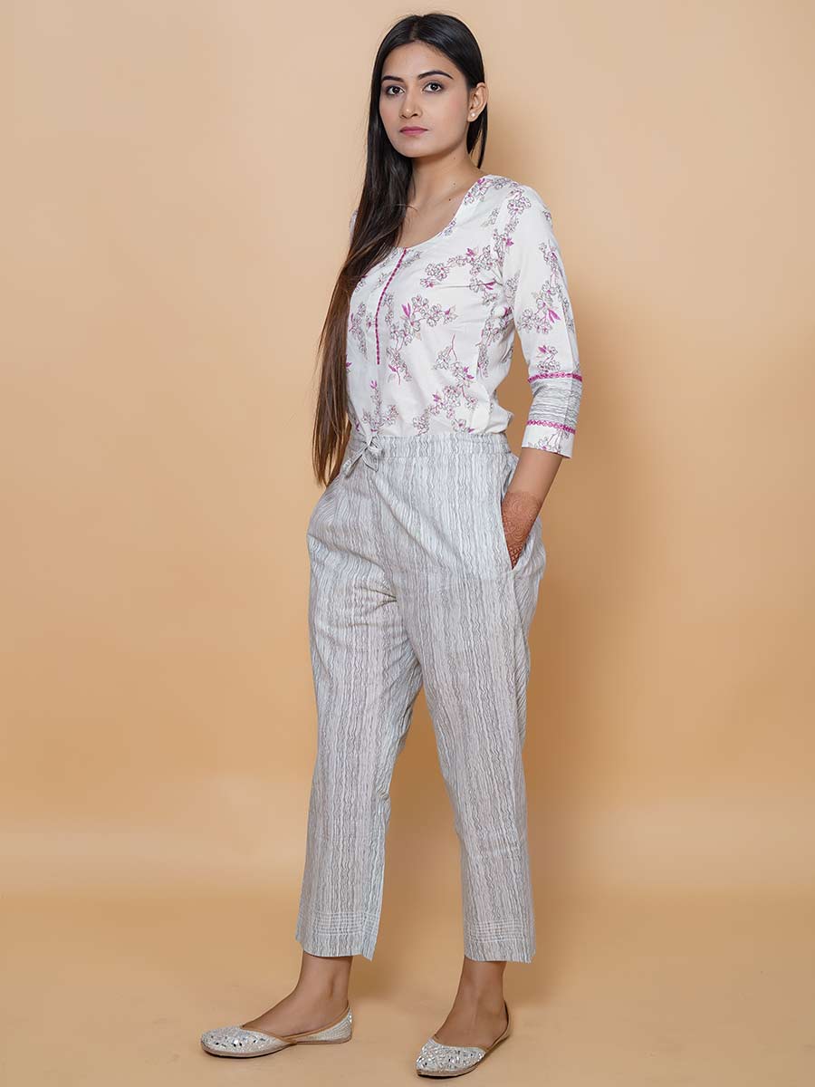 Grey Striped Print Cotton Pant