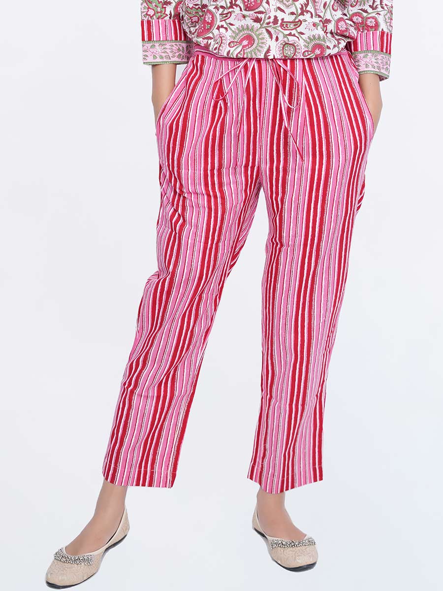 Pink Striped Print Cotton Pant