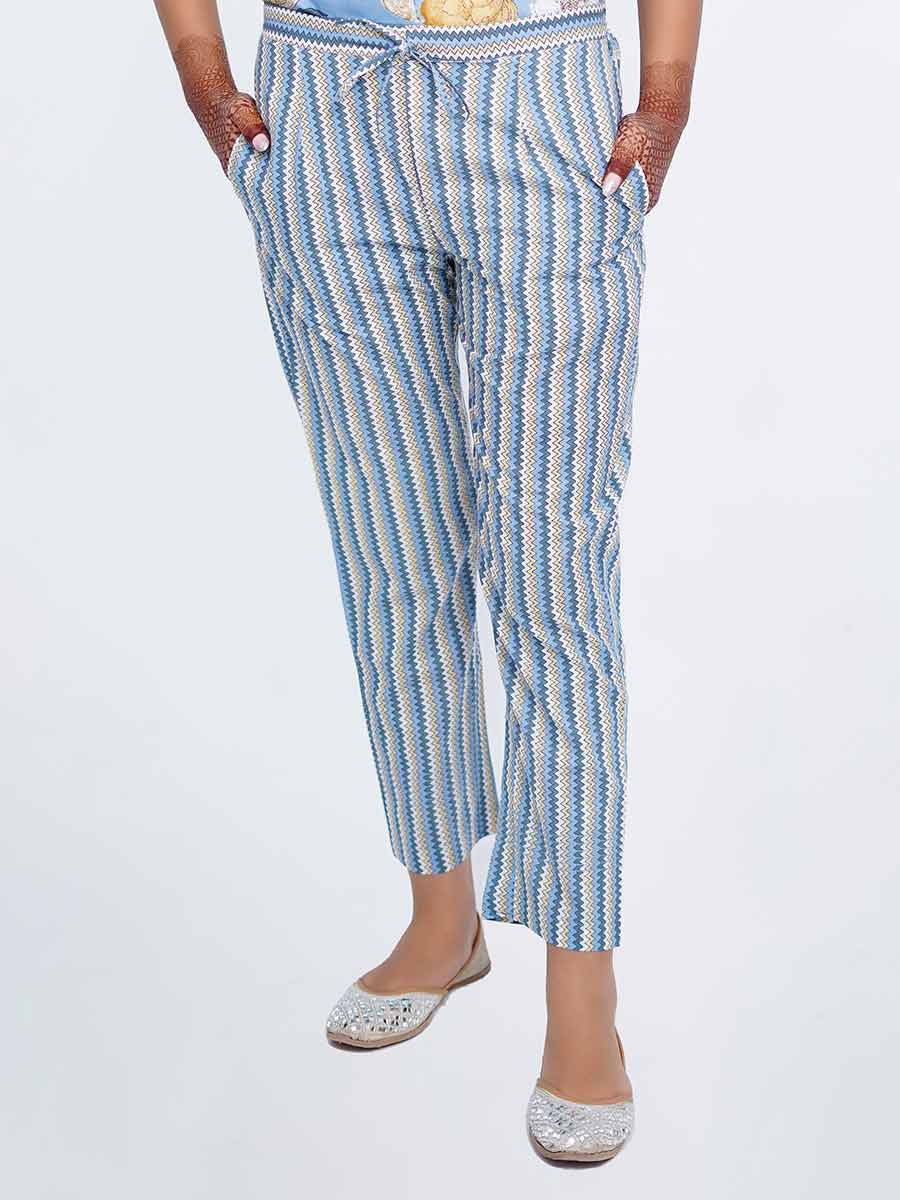 Blue Zigzag Print Cotton Pant