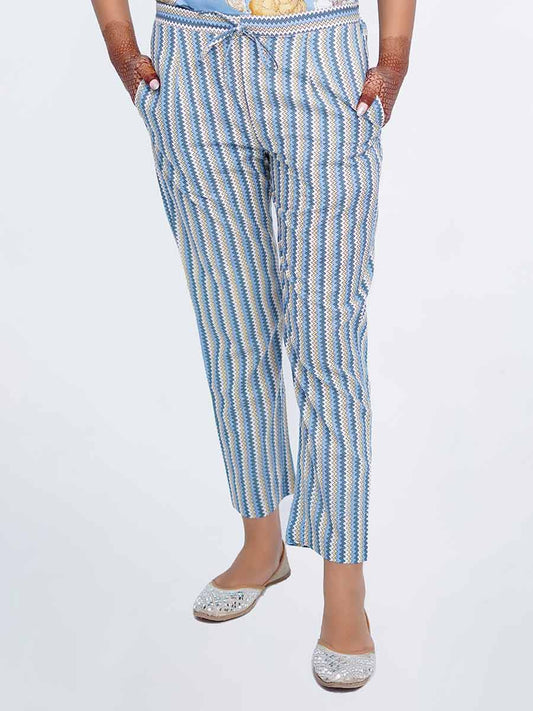 Blue Zigzag Print Cotton Pant