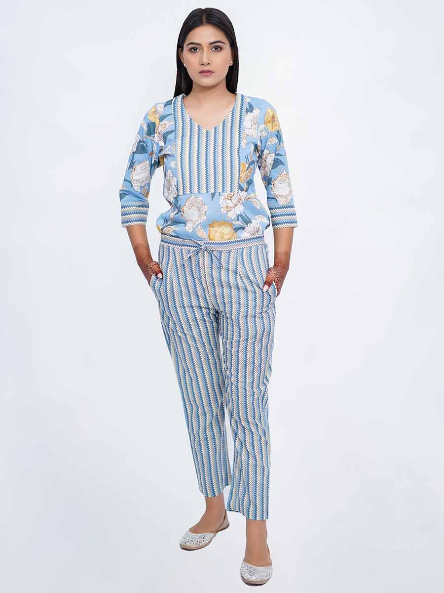 Blue Zigzag Print Cotton Pant