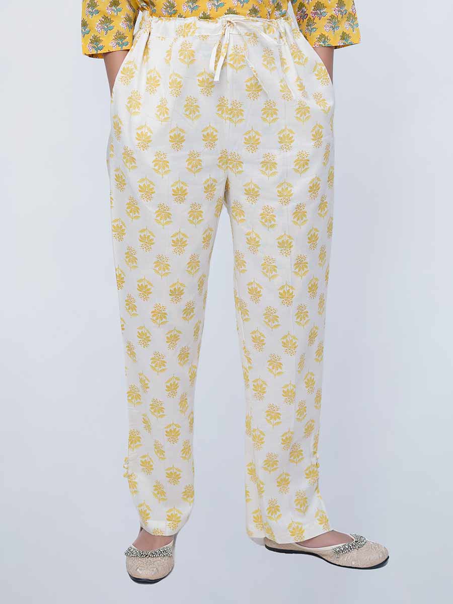 Yellow Block Print Cotton Pant