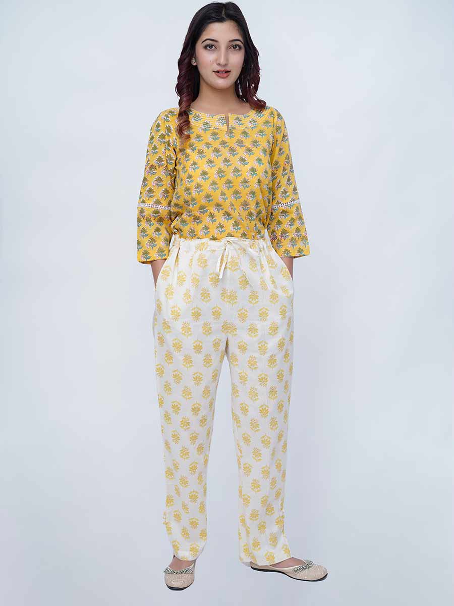 Yellow Block Print Cotton Pant