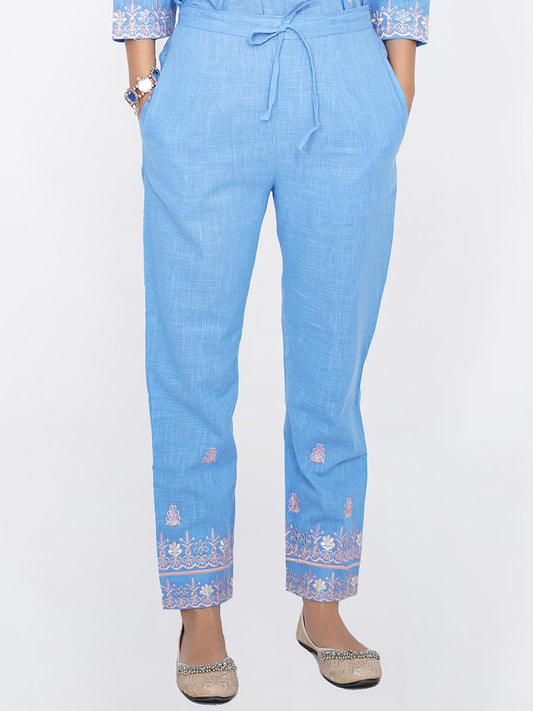 Blue Machine Work Linen Pant