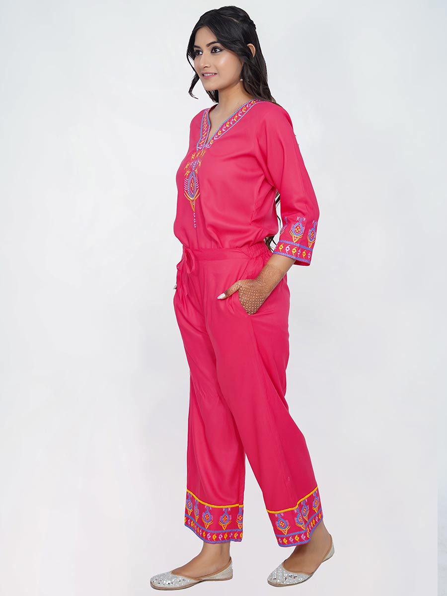 Pink Embroidered Rayon Pant