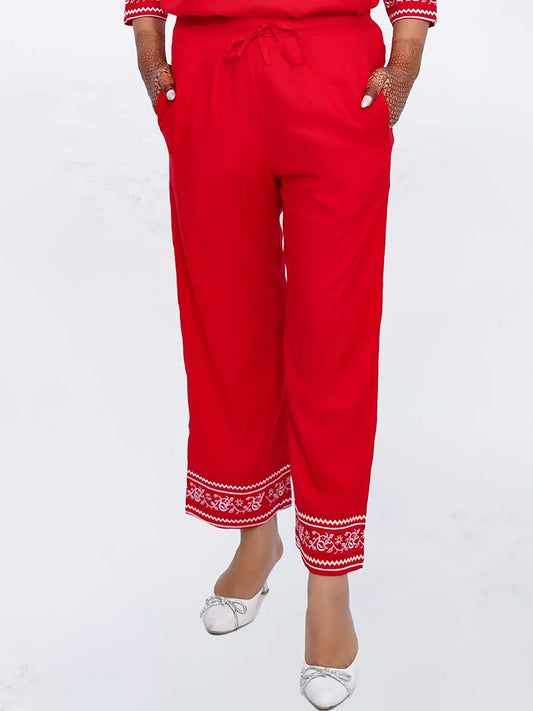Red Embroidered Rayon Pant