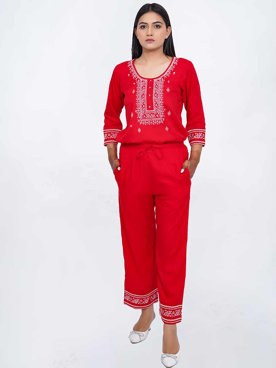 Red Embroidered Rayon Pant
