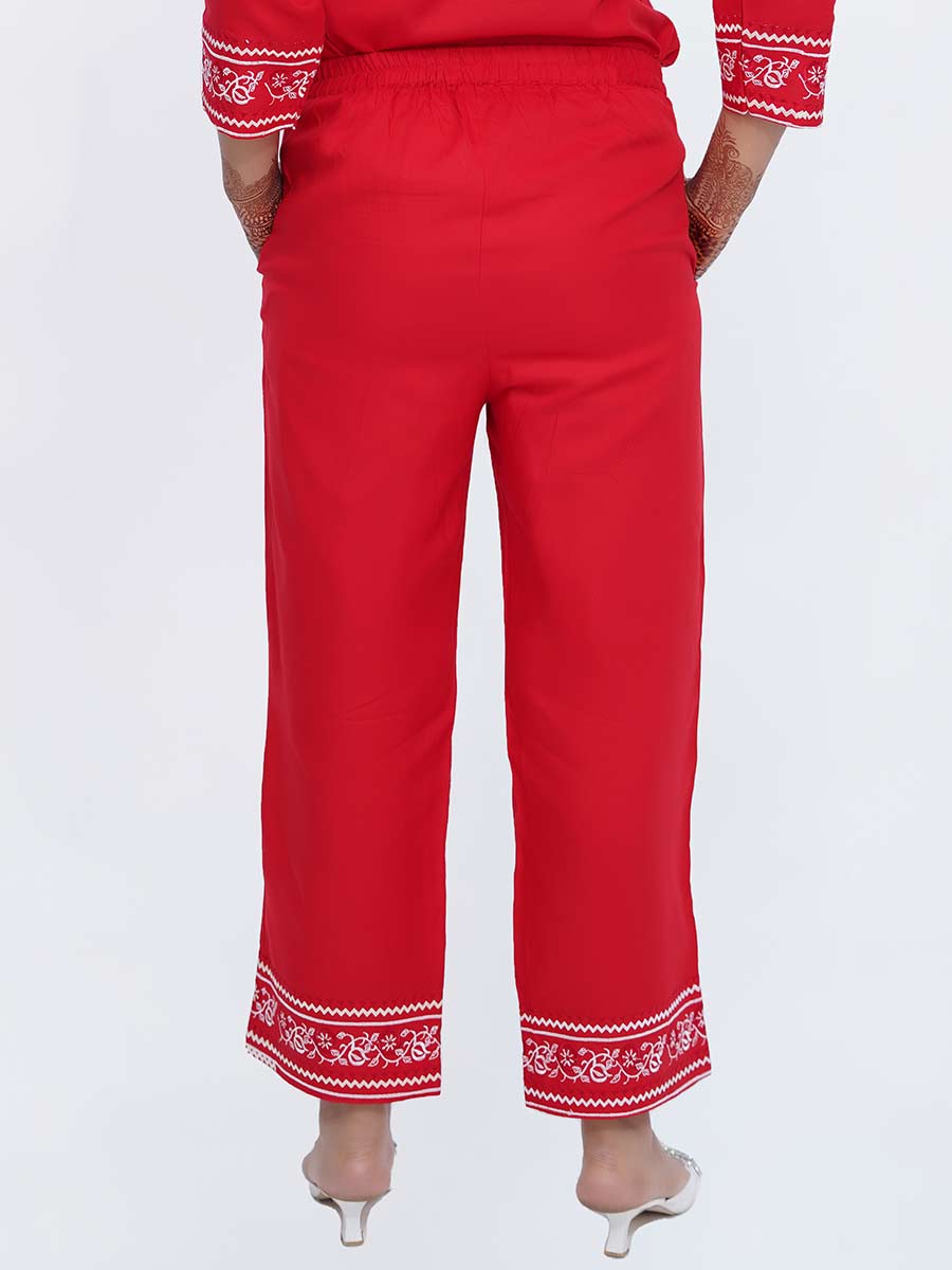 Red Embroidered Rayon Pant