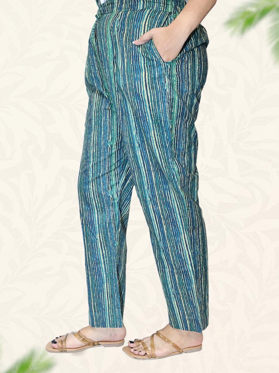 Green Striped Print Cotton Pant