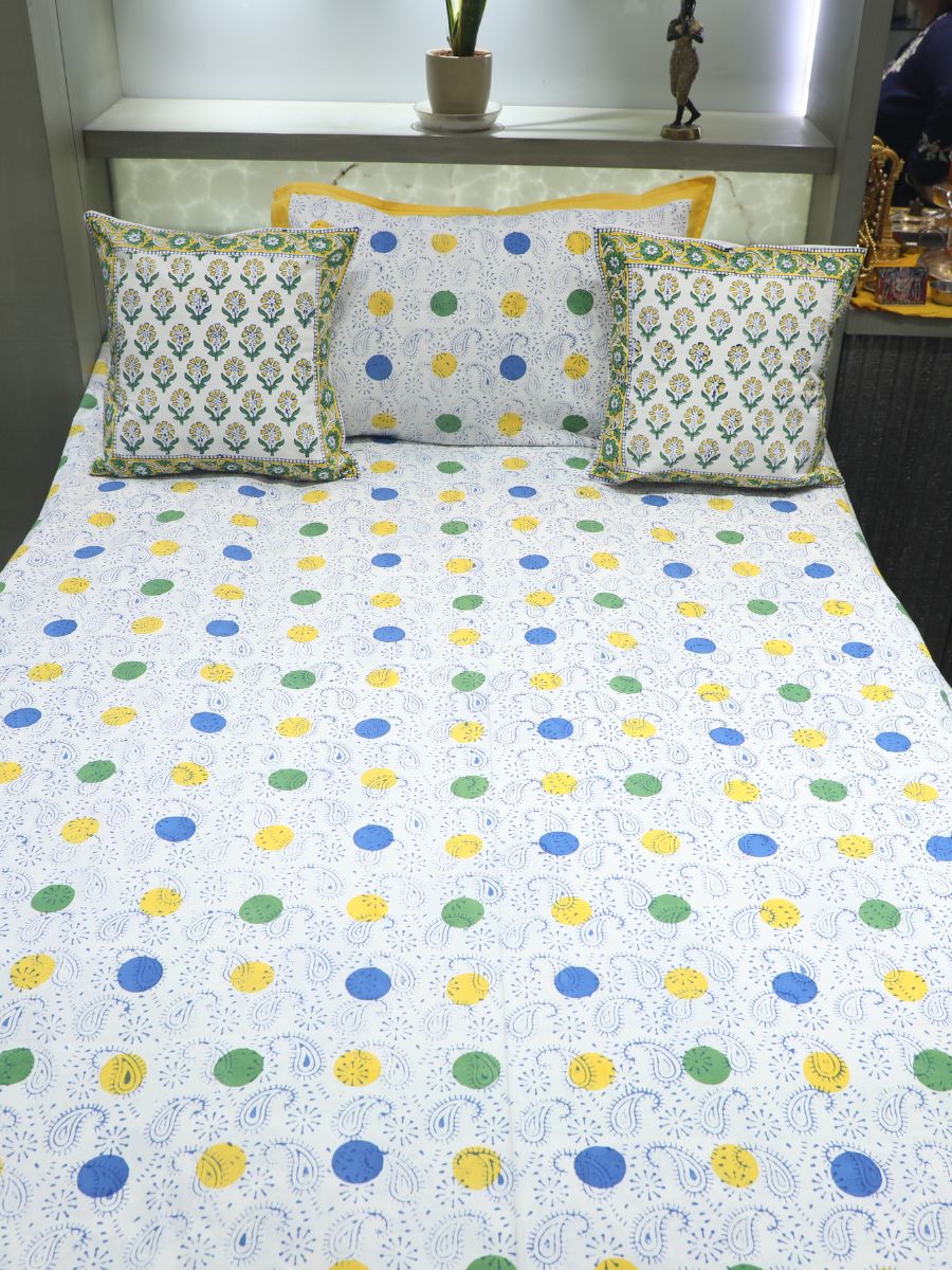 Yellow Handblock Print Single Bedsheet
