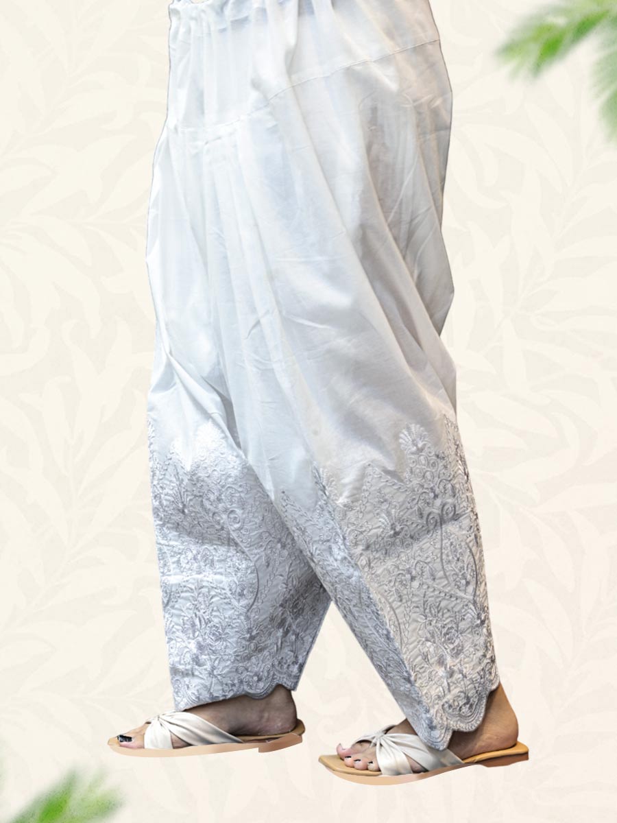 White Machine Work Cotton Salwar