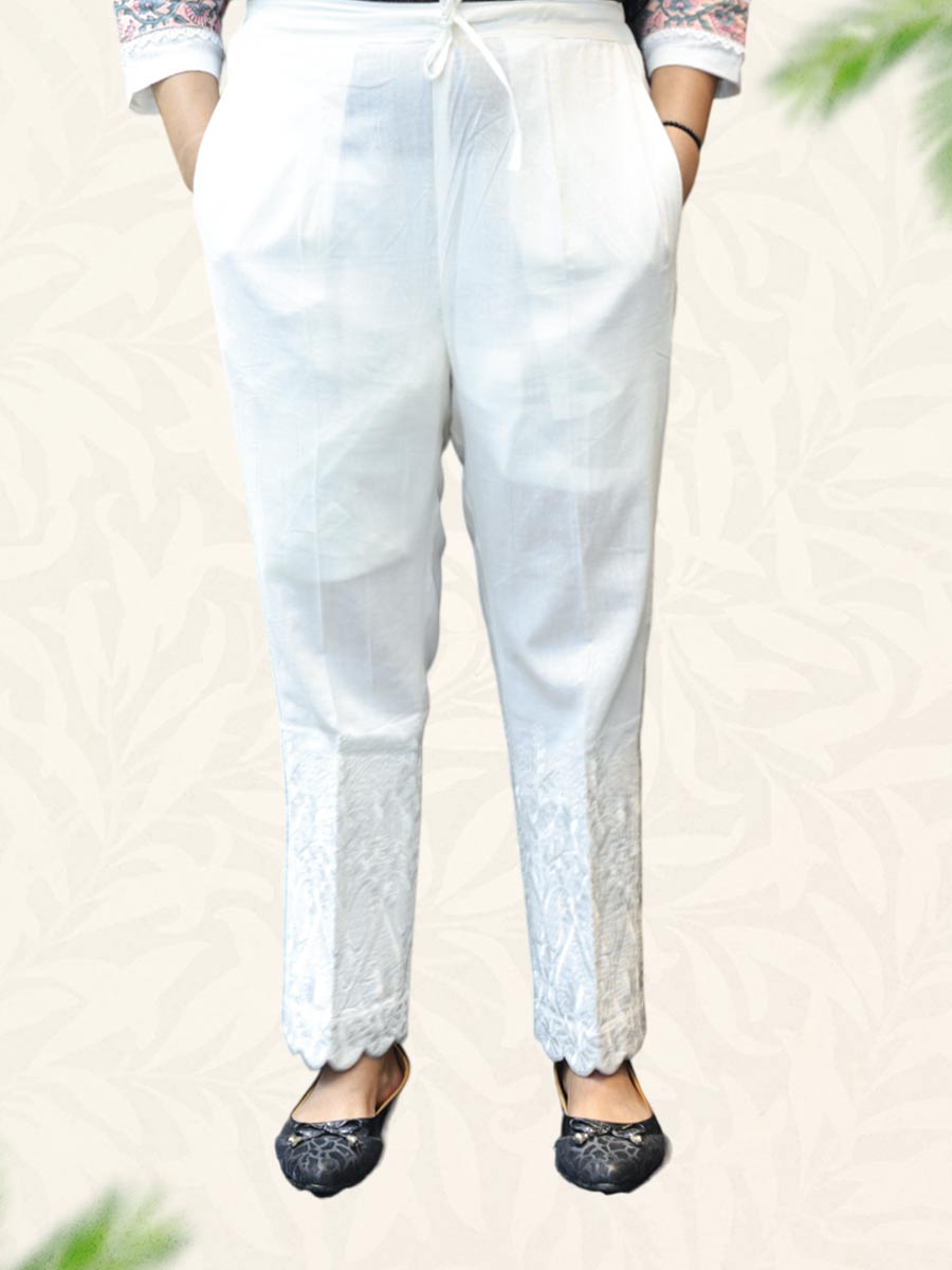 White Machine Work Cotton Pant