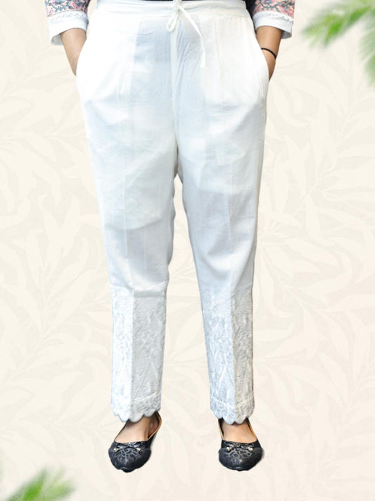 White Machine Work Cotton Pant