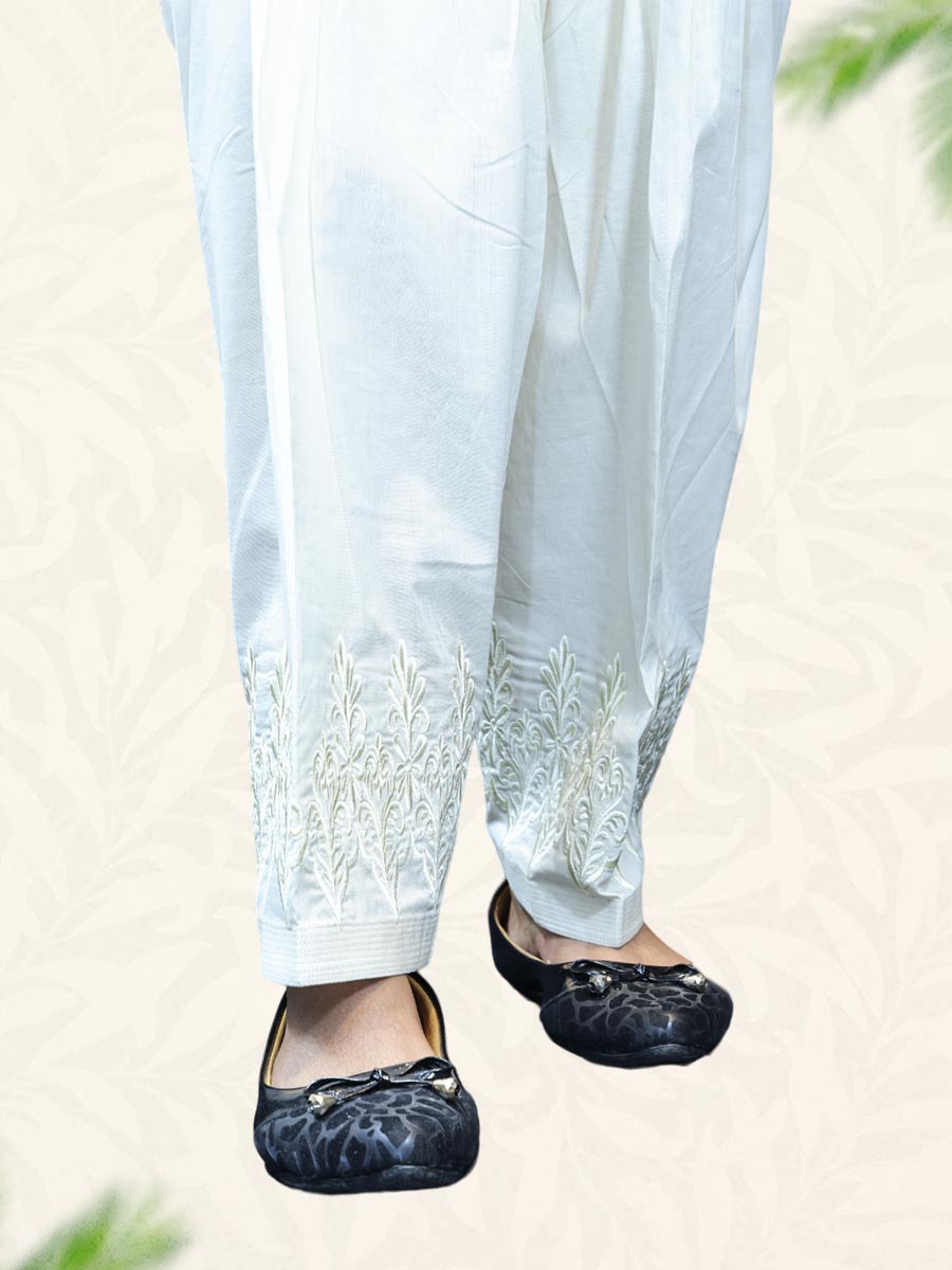 Cream Machine Work Cotton Salwar