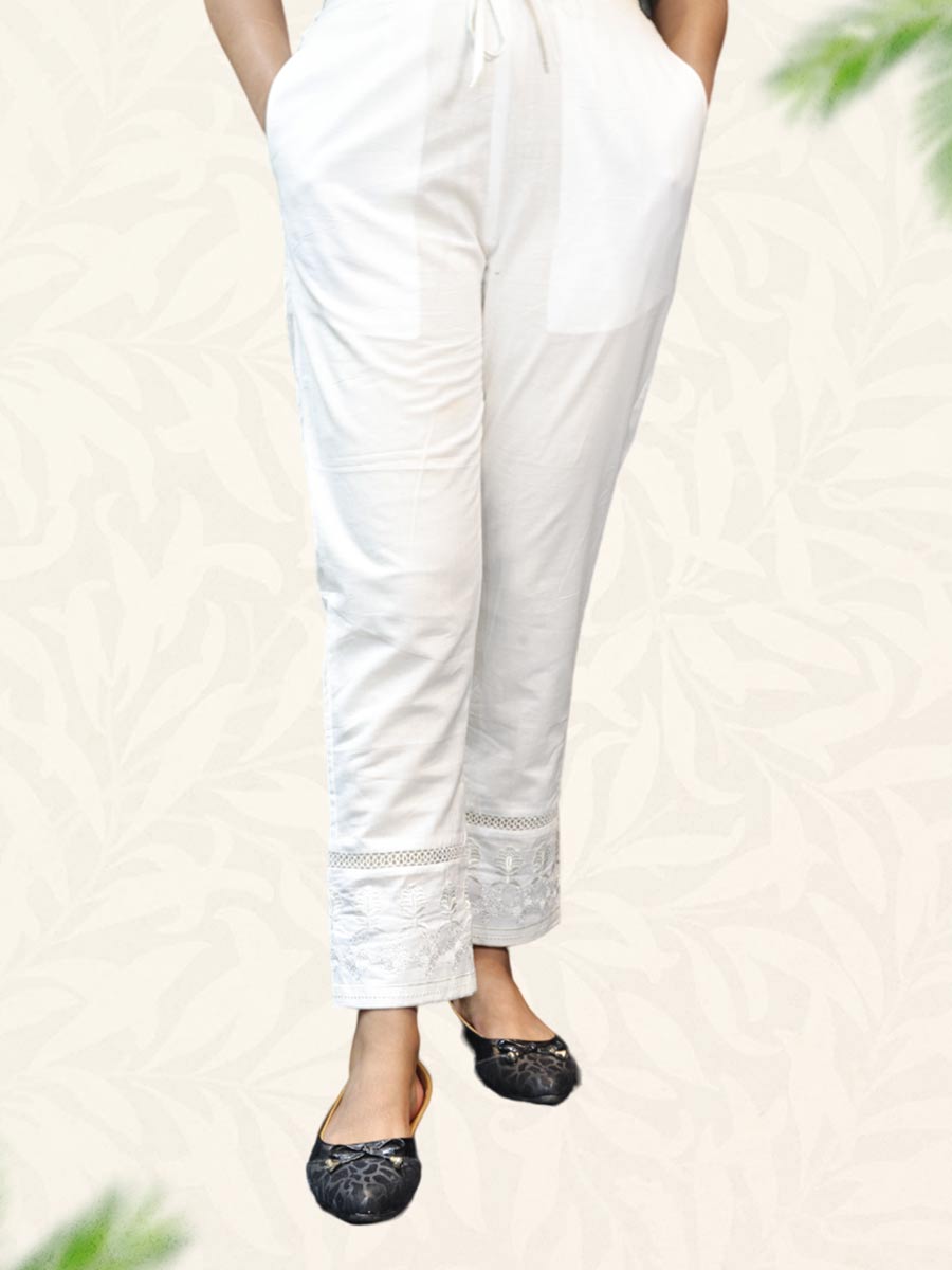 Cream Machine Work Cotton Pant