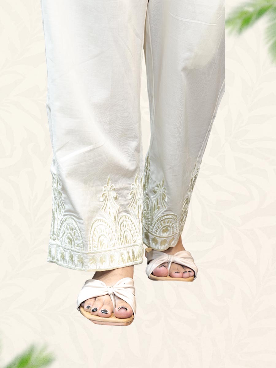 Cream Machine Work Cotton Pant