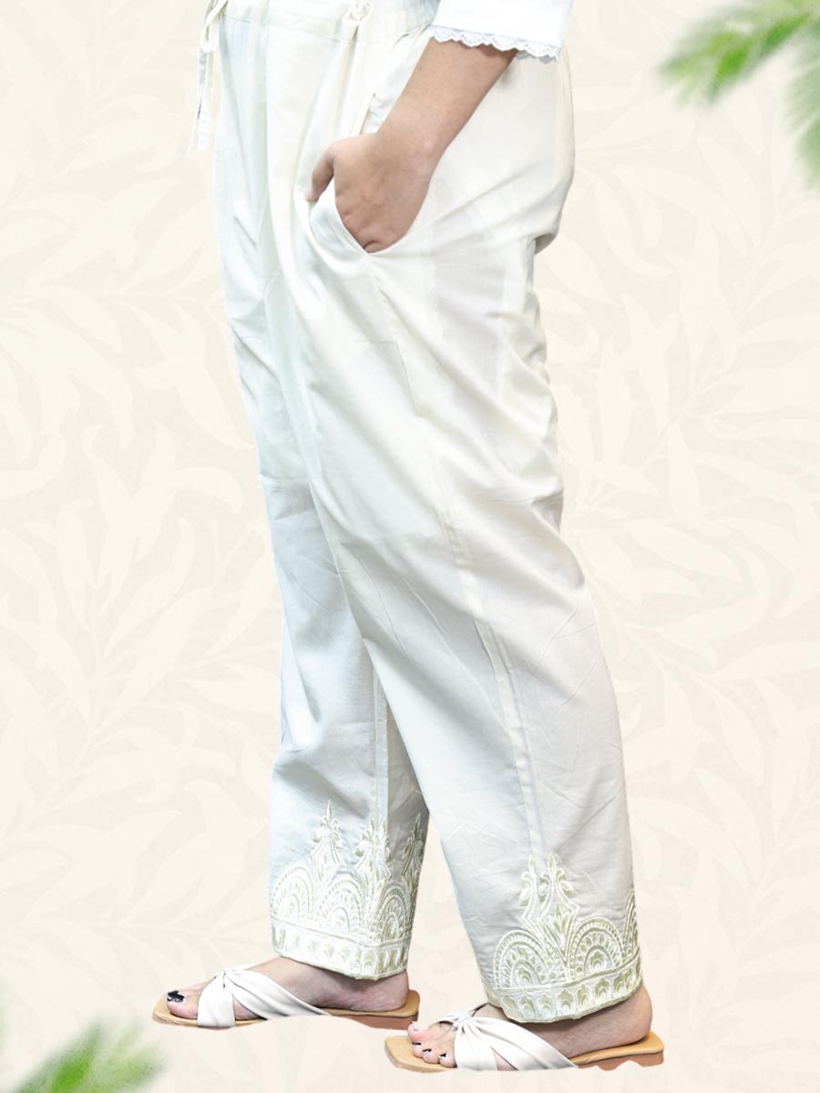 Cream Machine Work Cotton Pant