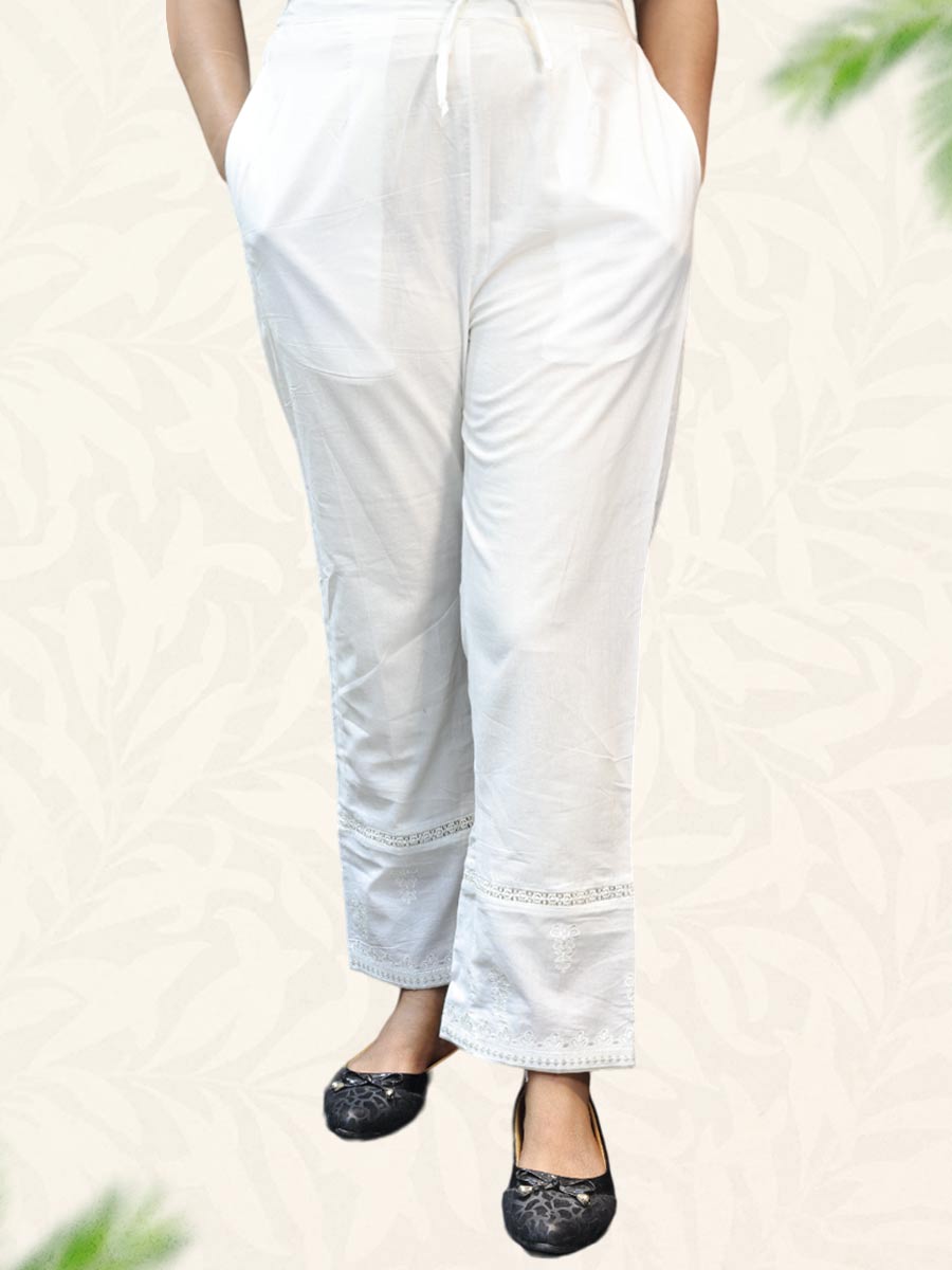 Cream Machine Work Cotton Pant