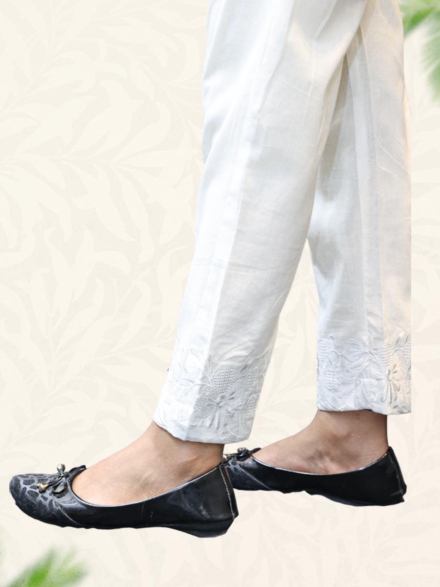 Cream Machine Work Cotton Pant