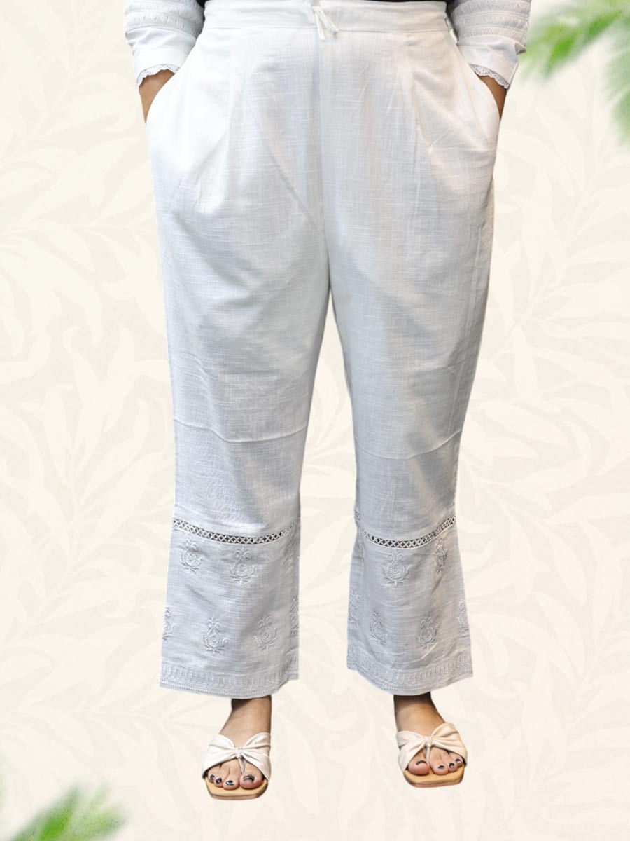Cream Machine Work Cotton Pant