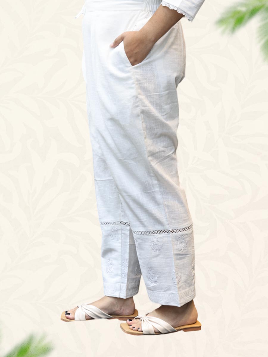 Cream Machine Work Cotton Pant