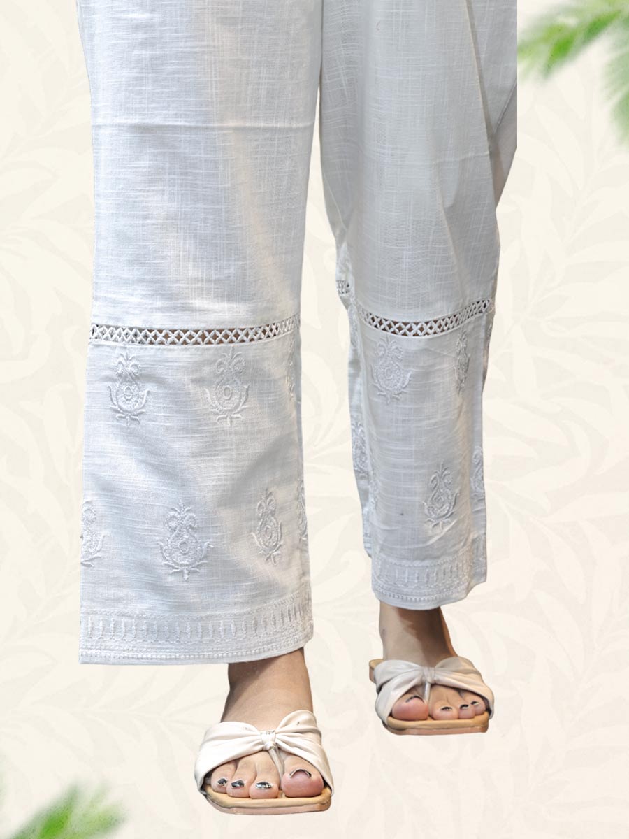 Cream Machine Work Cotton Pant