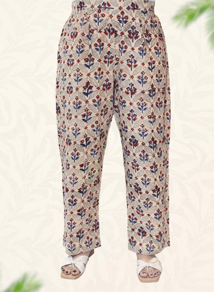 Beige Block Print Cotton Pant