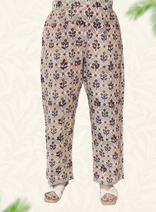 Beige Block Print Cotton Pant