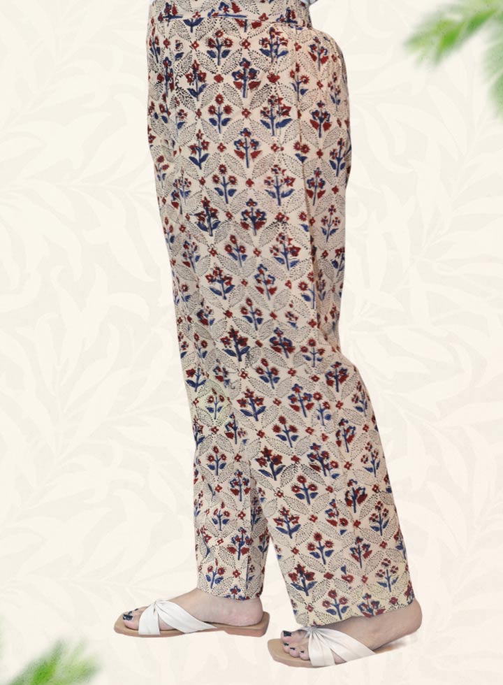 Beige Block Print Cotton Pant