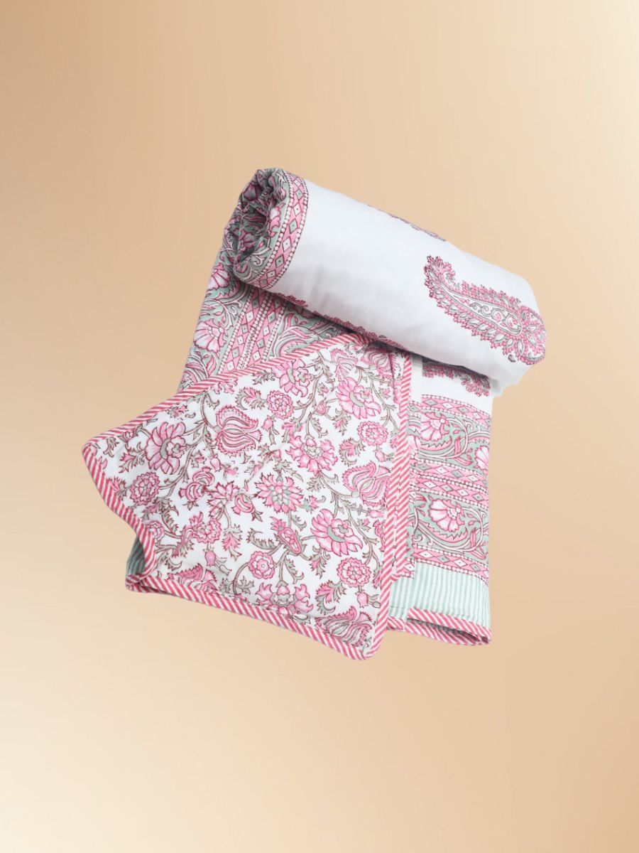 Pink Handblock Print Double Bed Dohar