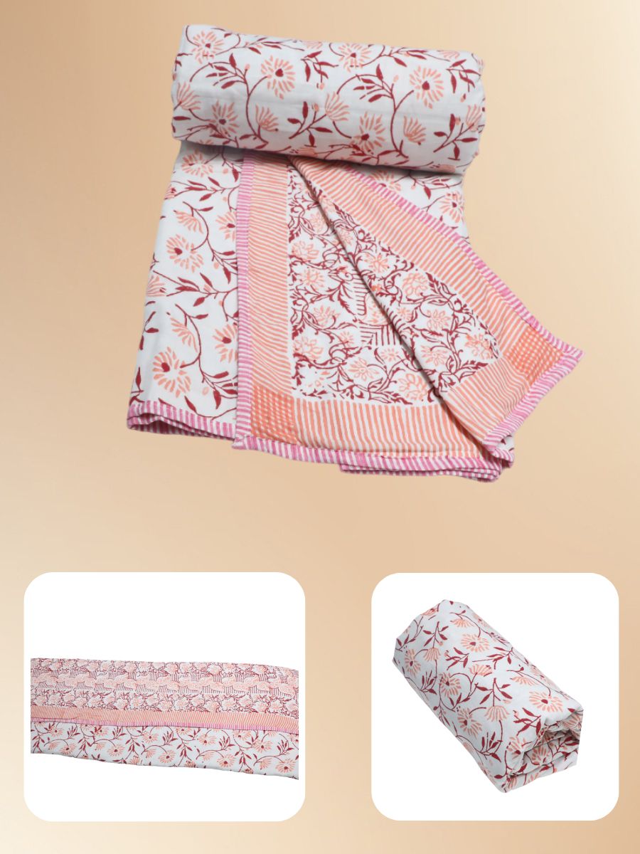 Orange Handblock Print Single Bed Dohar