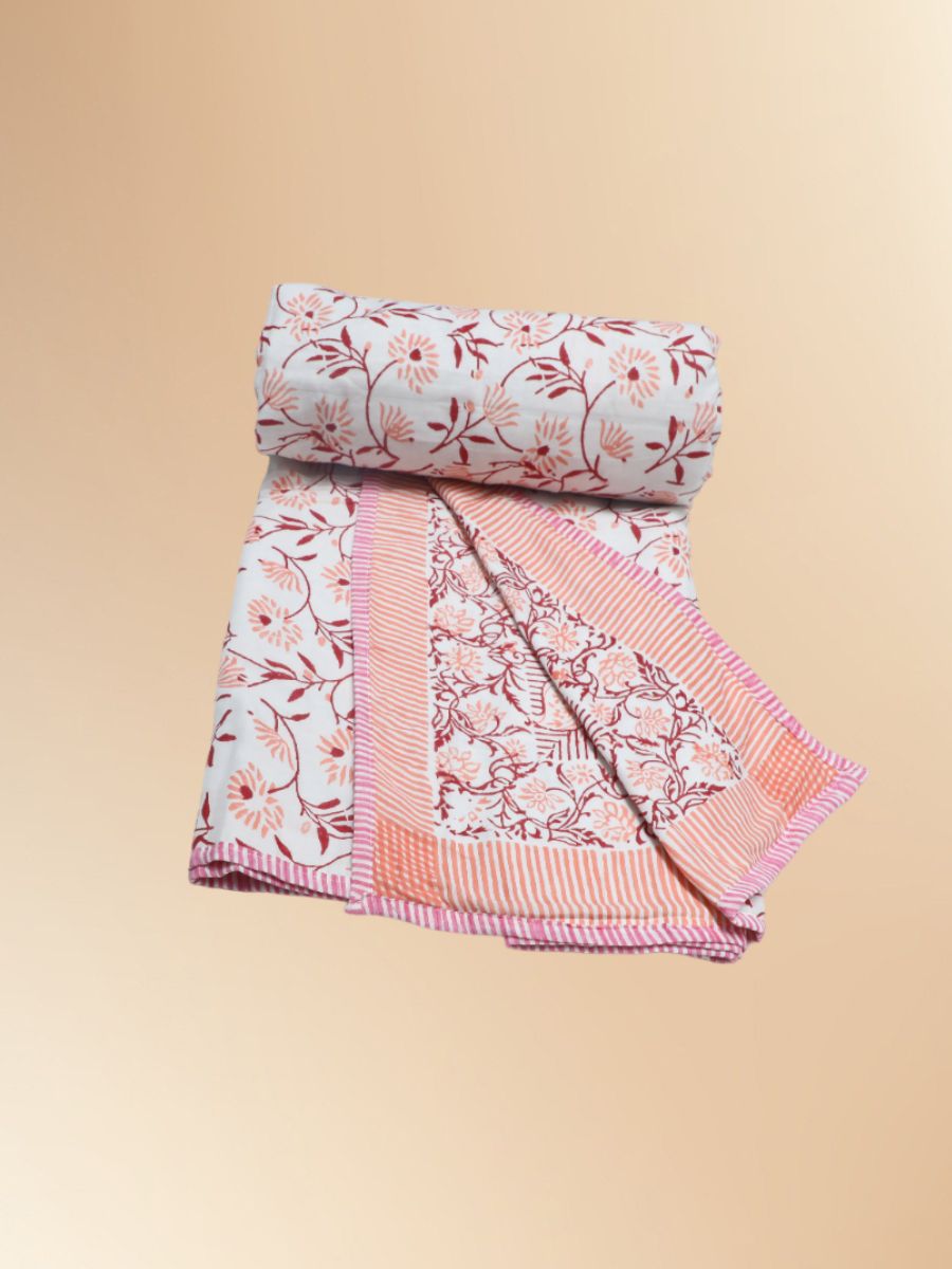 Orange Handblock Print Single Bed Dohar
