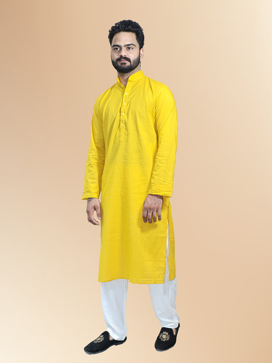 Yellow Cotton Plain Kurta Set