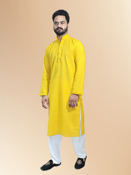 Yellow Cotton Plain Kurta Set