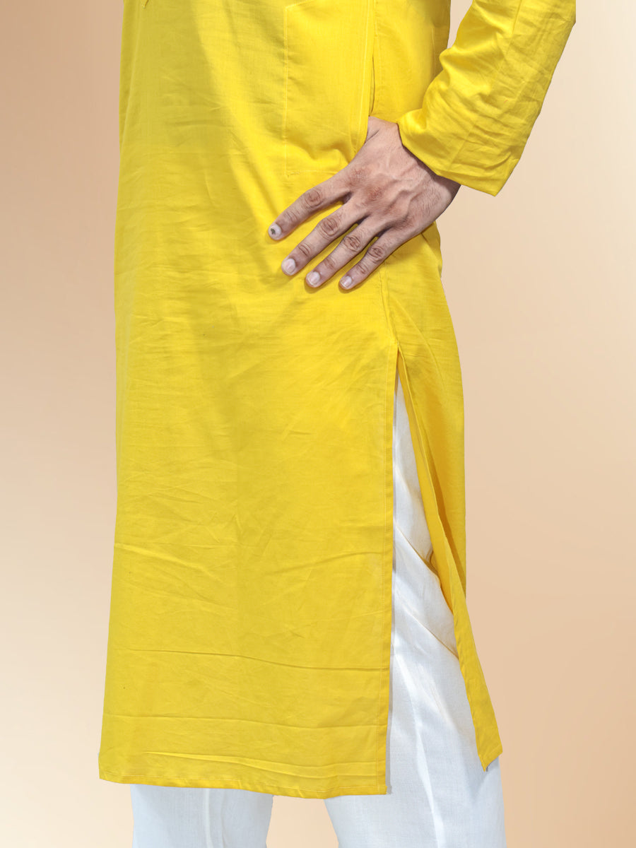 Yellow Cotton Plain Kurta Set
