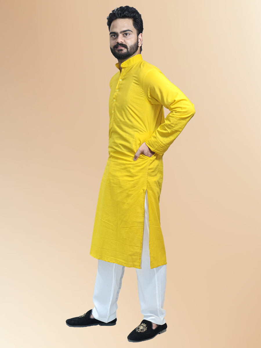 Yellow Cotton Plain Kurta Set