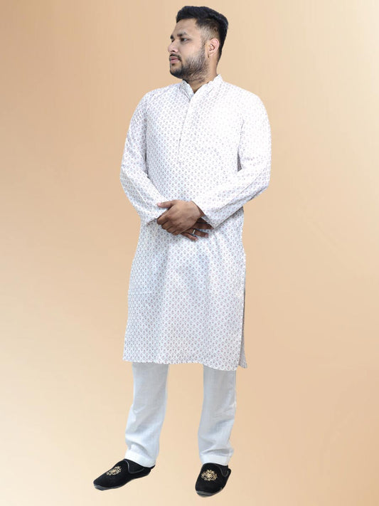 White Cotton Printed Kurta Set