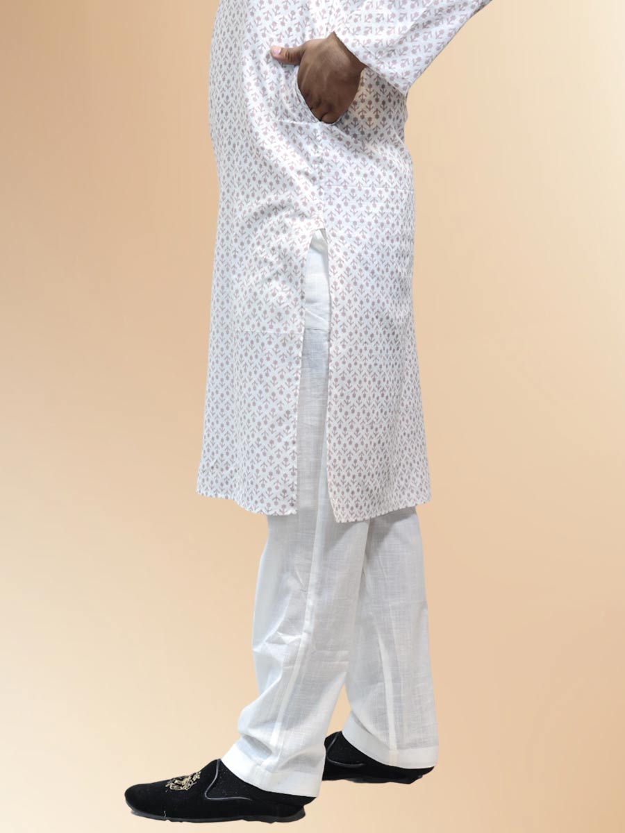 White Cotton Printed Kurta Set