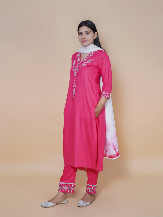 Pink Embroidered Rayon Suit Set