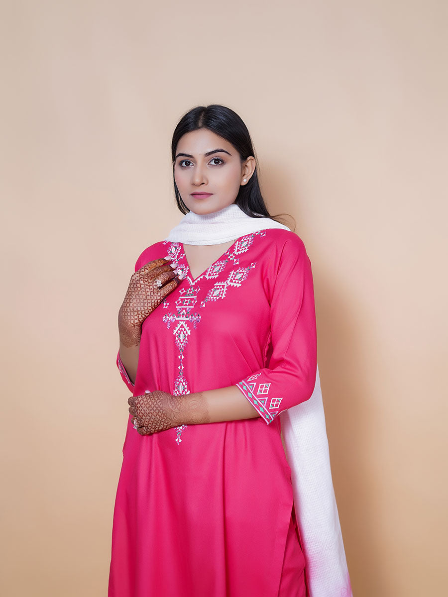 Pink Embroidered Rayon Suit Set
