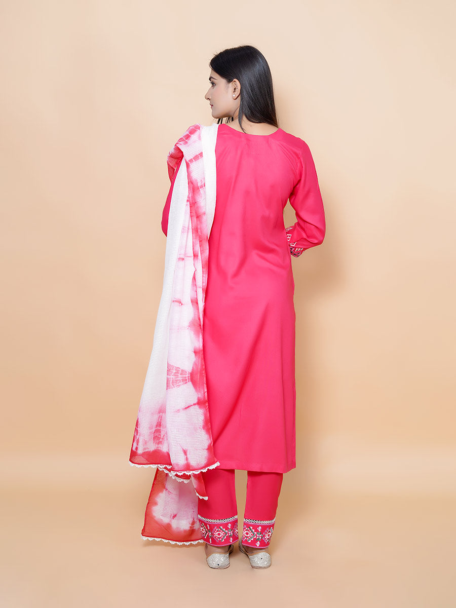 Pink Embroidered Rayon Suit Set