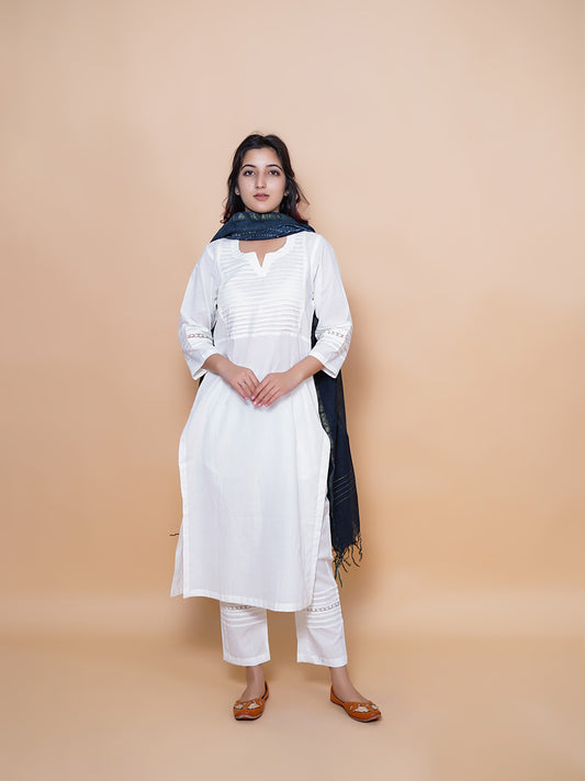 White Cotton Suit Indigo Printed Dupatta Suit Set