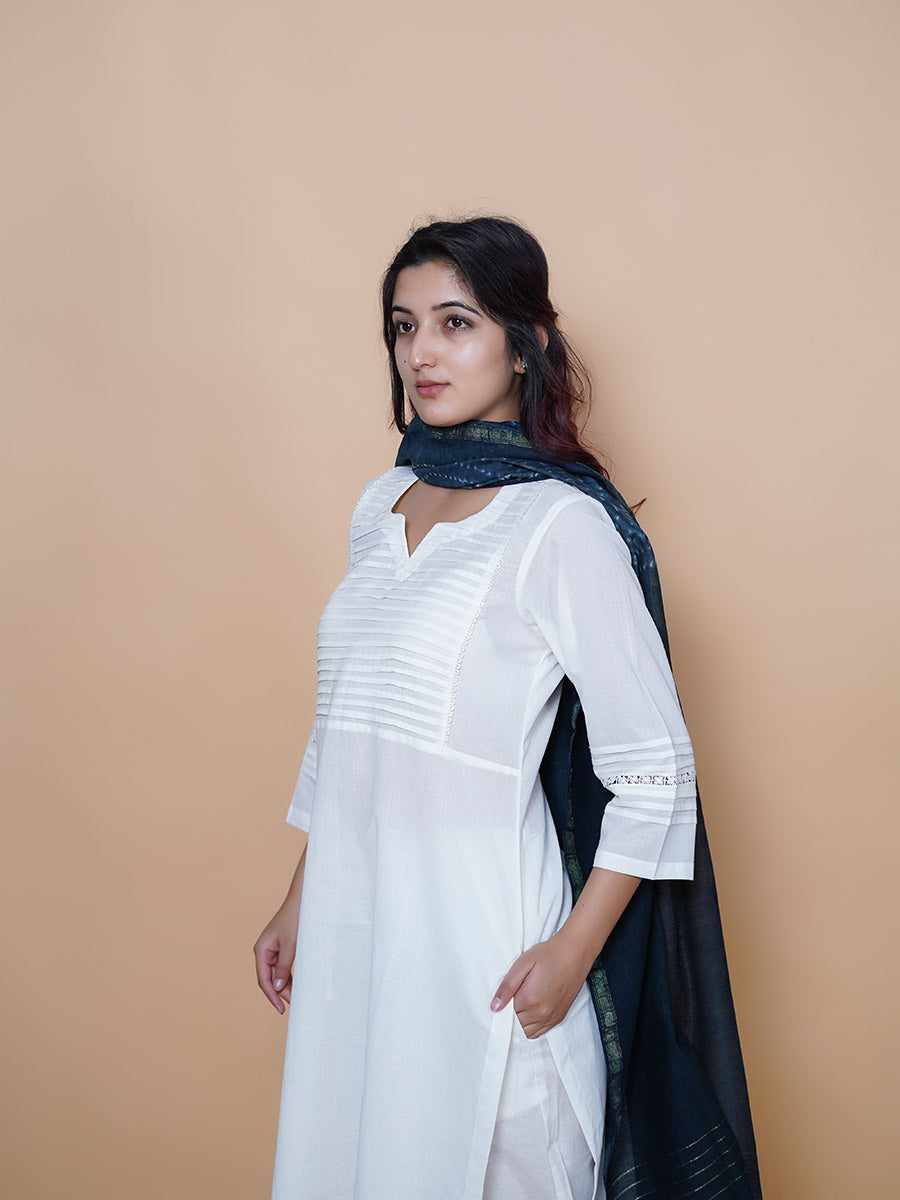 White Cotton Suit Indigo Printed Dupatta Suit Set