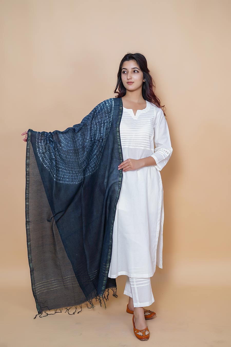 White Cotton Suit Indigo Printed Dupatta Suit Set